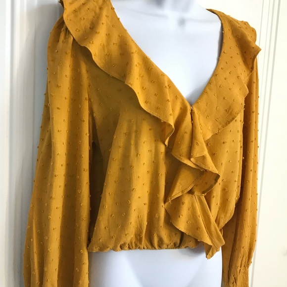 Lulus Women’s S Mustard Swiss Dot Ruffle Long Puff Sleeve Smocked Wrist Top EUC - Picture 9 of 16